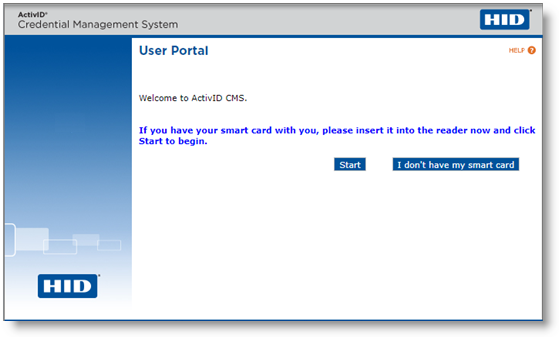User portal Welcome page with two buttons available at the bottom of the screen: "Start" and "I don't have my smart card"